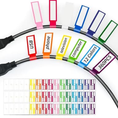 360PCS Cable Labels, 12 Colors Waterproof Cable Tags Wire Cord Label for Electronics Cable Management, Self Adhesive Color Border Cord Labels for Laser Printer and Handwriting
