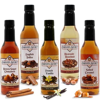 Barista's Secret Premium Coffee Syrups - French Vanilla, Salted Caramel, Hazelnut, English Toffee, Brown Sugar Cinnamon - 12.7oz Bottles