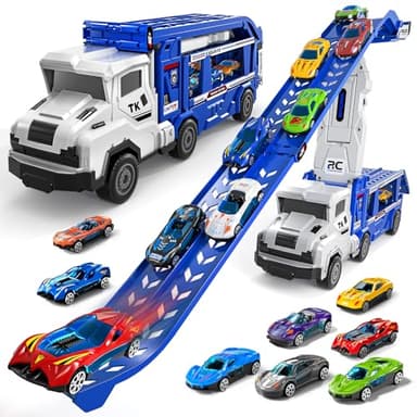 Transport Truck Toys for 3 4 5 6 7 Years Old Boys,Toys Cars Track Set Transporter Trucks with 12 Die-Cast Car Toys 2 Race catapults Dual-Track Model,Toddler Car Toy Set for Kids Boys Girls