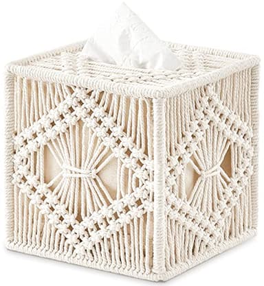 Mkono Tissue Box Cover Macrame Square Open-Bottom Tissue Box Holder Boho Decor Tissue Organizer Bohemian Handmade Woven Tissue Cube Box for Bathroom Bedroom Dresser Living Room Office Dorm, Ivory