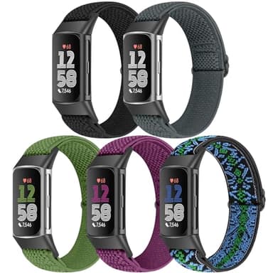 Bcuckood 5 Pack Elastic Nylon Watch Bands Compatible for Fitbit Charge 6/Fitbit Charge 5, Adjustable Breathable Replacement Stretchy Nylon Loop Wristband Sport Strap for Women Men