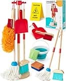 Lonico Wooden Kids Cleaning Toy Set Pretend Play Toys, 12 Pcs Toddlers Cleaning Mop Broom and Dustpan Set with Organizing Stand/ Bucket/ Duster/ Brushes, Toddler Toys Gift for Boys Girls Aged 3 4 5 6
