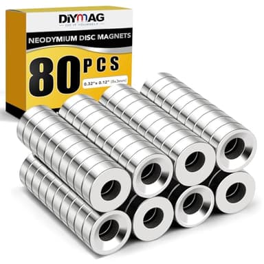 DIYMAG Strong Neodymium Disc Magnets, Permanent Rare Earth Countersunk Hole Magnets for Refrigerator, DIY, Science, Crafts, Office-0.32 inch x 0.12 inch, 80 PCS
