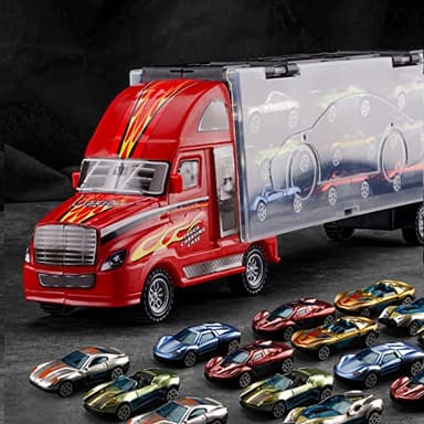 BoomCaCa Toy Truck Transport Car Carrier - 18 Sport Cars in Truck Toys, Toys for Boys and Girls Age 3-10 yrs Old, Ideal Party Christmas Birthday Gift for Kids