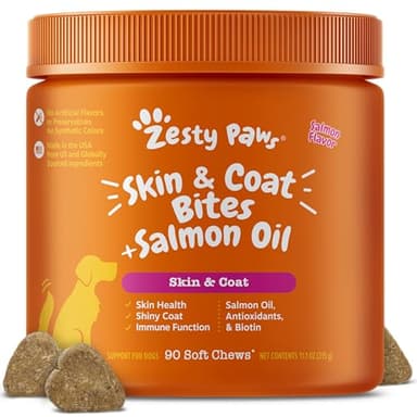 Zesty Paws Salmon Oil for Dogs Skin and Coat, Omega 3 Fish Oil Chews, Dog Allergy Relief Chews, Itch Relief Supplement, 90 Count, Salmon Flavor