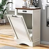 OUTGUAVA 13 Gallons Tilt Out Trash Cabinet Free Standing Kitchen Trash Bin Cabinet Recycling Garbage Cabinet with Deodorizing Function Pet Proof Trash Can Holder for Kitchen Living Room, Antique White