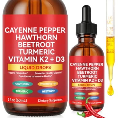 Cayenne Pepper Drops, Liquid Cayenne Pepper Organic, Cayenne Health Supplements, Cayenne Pepper Hawthorn Beet Root Turmeric Curcumin, Vitamin K2 & D3, Vegan-Friendly- 2 Fl Oz