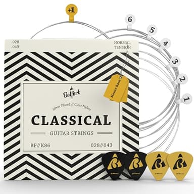 Belfort Classical Guitar Strings Nylon - Classical Nylon Strings Coated in Silver - 6 Guitar String Set + Extra 1E - Cuerdas para guitarra acustica - Cuerdas de guitarra acustica
