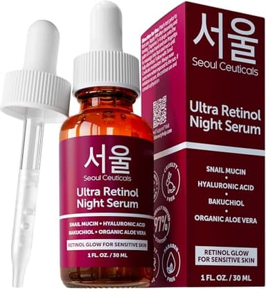 SeoulCeuticals 1% Korean Retinol Night Serum for Face - 97.5% Snail Mucin + Hyaluronic Acid + Bakuchiol, Cruelty Free K Beauty for Sensitive Skin 1oz