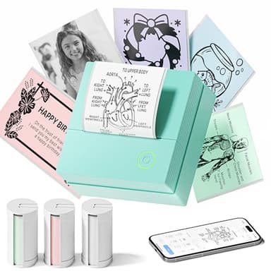 TYPONOS Sticker Printer, PM290 Mini Printer, Bluetooth Sticker Maker Machine with 3 Rolls Paper, Smart AI APP, Portable Print Pod for Study Note, Picture, List, DIY Gifts for School Office Home, Green