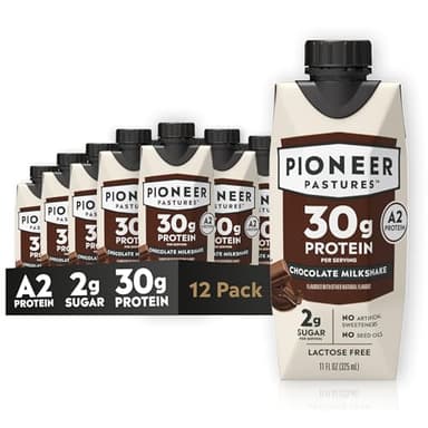 Pioneer Pastures - High Protein A2 Milkshakes - Chocolate - A2 Nutritional Milk, 30g Protein, 2g Sugar, No Artificial Sweeteners, No Seed Oils - All-Natural, Breakfast Shake, Meal Replacement, Workout - 11oz, 12 Pack