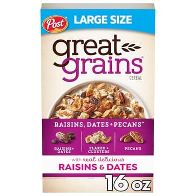Great Grains Raisins Dates and Pecans Breakfast Cereal, Raisin Cereal with Sweet Dates and Granola Clusters, Non-GMO Project Verified, 16 OZ Box