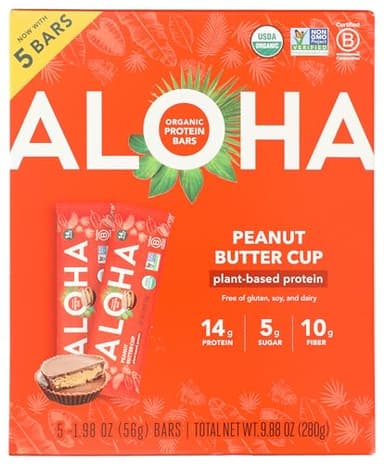 ALOHA Organic Plant Based Protein Bars, Peanut Butter Cup , 1.98-Ounce Bars, (Pack of 5)