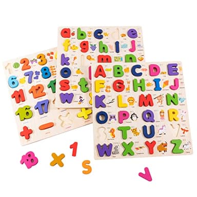 XJYQJD Wooden Alphabet Puzzle for Toddlers, 3 in 1 Lower Case Letter Puzzles ABC Uppercase & Lowercase & Number Puzzle Set for Preschoolers Kids Ages 3-5 Alphabet Learning Educational Toy