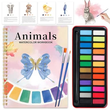 Watercolor Workbook - Coloring Book Beginner Friendly Painting Kit, Watercolor Workbooks for Adults with 24 Colors Paint, Exploration Gift for Adults Teens (Animals)