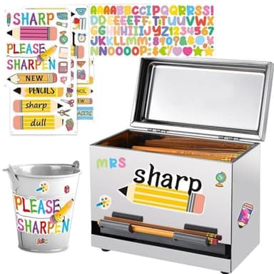 Konpwine 2 Pcs Stainless Steel Pencil Dispenser Pen Holder Back to School Dull Pencil Bucket with 4 sheet Stickers Metal Bucket with Handle for Bulk Pencils Storage Teachers Classroom Supplies