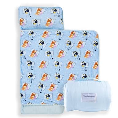 Jay Franco Kids Nap Mat with Embedded Pillow & Blanket – Soft 46"x20" Microfiber Sleeping Bag with Name Tag & Handle for School, Travel, Sleepover, Blue - Bluey