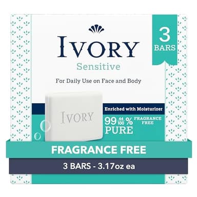 Ivory Sensitive Bar Soap, Designed for Whole Family, Fragrance Free, 99.44% Pure Formula, Plant-Based Cleanser, Made Without Heavy Perfume, Parabens & Phthalates, For All Skin Types, 3.17 oz (3 Count)
