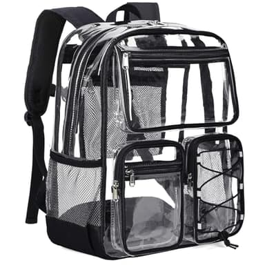 Vorspack Clear Backpack for School - Heavy Duty Clear Bookbag for Girls Boys Large Multi-Pocket See Through Backpacks for Teens, Travel, Work, Festival - Black