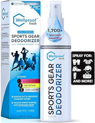 Wellproof 2-in-1 Sports Gear Cleaner & Odor Eliminator - 3X Powerful Nano-Enzyme Deodorizer for Athletic Gear, Baseball, Hockey, Football, Boxing, MMA, Gym Bag | Plant-Based | Remove Stink & Dirt