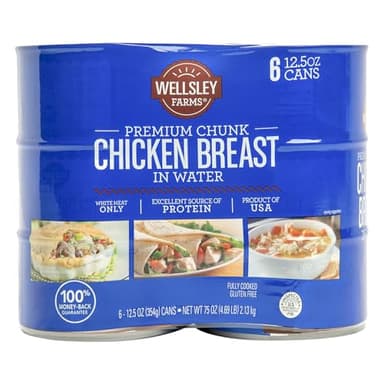 Wellsley Farms Premium Chunk Chicken Breast in Water, Fully Cooked Boneless Skinless, For Prepared Meals, Salads, Sandwiches & More, Canned, 12.5 oz Cans, 6-Pack