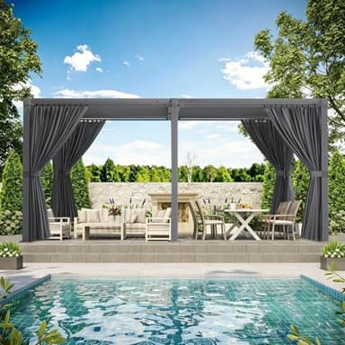 SAILARY Louvered Pergola 12' x 16' with Waterproof Curtains, Outdoor Aluminum Pergola with Reinforced Steel Roof, Heavy-Duty Hardtop Gazebo, Privacy Shaded Shelter, Grey