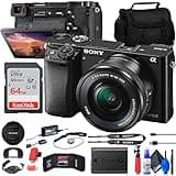 Sony Alpha a6000 Mirrorless Camera with 16-50mm Lens (ILCE6000L/B) + 64GB Card + Card Reader + Case + Flex Tripod + Hand Strap + Memory Wallet + Cap Keeper + Cleaning Kit (Renewed)