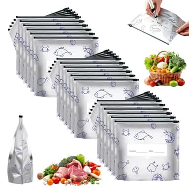 30Pcs Reusable Aluminum Foil Sealable Storage Bags, 2026 New Resealable Vacuum Zipper Pouches for Food, Stand Up Foil Sealable Bags with Label and Zip Lock for Vegetable (Medium)