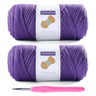 2 Pack T Shirt Yarn for Crocheting with 1 Crochet Hook, Elastic Tshirt Yarn for Crochet Bag/Baskets/Home Decor, Spaghetti Yarn Thick Knitting Yarn Total Length 130 Yds, Weight 14 Oz (Purple)