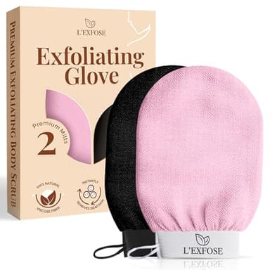 L'Exfose Kessa Hammam Deep Exfoliating Glove for Shower - Korean Exfoliating Mitt Body Scrubber Ideal for Dead Skin Remover, Keratosis Pilaris & Self-Tanning (Black & Pink)
