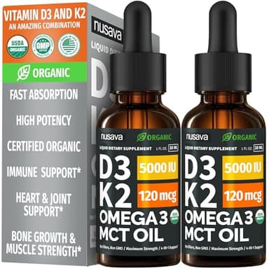 (2 Pack) Organic Vitamin D3 K2 Drops with MCT Oil Omega 3, 5000 IU, Maximum Strength Vitamin D Liquid, No Fillers, Non-GMO Liquid D3 for Faster Absorption and Immune Support (Unflavored, 2 Fl Oz)