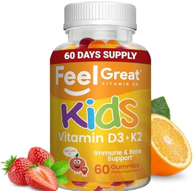 Feel Great Vitamins Vitamin D3 K2 Gummies for Kids – 1000 IU Vitamin D3 + 25 mcg K2 – Peach & Berry Flavored – Supports Bone Health & Immune Support – 60 Gummies