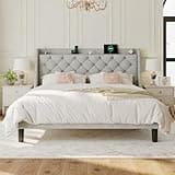 Einhomn King Size Bed Frame with Wingback Button Tufted Storage Headboard and Type AC Ports, Upholstered Platform Bed Frame, Sturdy Slats Support, No Box Spring Needed, Noise-Free, Light Grey