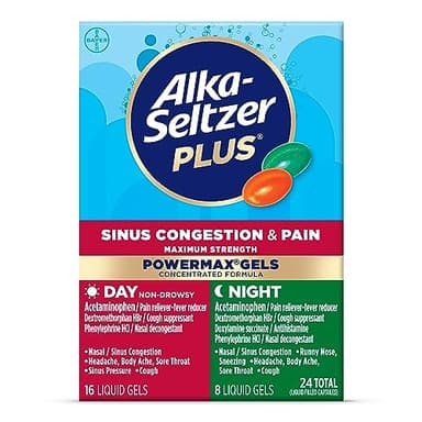 Alka-Seltzer Plus Maximum Strength PowerMax Sinus Congestion & Pain Medicine, Day + Night Liquid Gels - Powerful Relief for Cold and Flu, + Sinus Congestion for Adults and Children 12+ Years, 24 Count