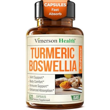 Turmeric Supplement w/Boswellia Serrata – Daily Support for Joint Health & Comfort – Organic Turmeric Curcumin Powder, Bioperine for Enhanced Absorption & Ginger Root – 60 Boswellia Extract Capsules