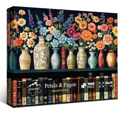 Wildflower Puzzles for Adults 1000 Pieces, PICKFORU Vintage Flower Book Puzzle, Wildflower Pages Jigsaw Puzzle for Book Lover, Floral Art Bookshelf Library Puzzles