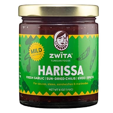 Zwita Mild Harissa 6oz | Tunisian Thick Sun Dried Chili Paste | NOT Spicy | Harissa Paste | Sun Dried Chilis, Fresh Garlic, Extra Virgin Olive Oil, Spices | Ancestral Recipe | 100% Grandma Approved | Amazing Flavor for your Soups, Stews, Sauces and Marinades