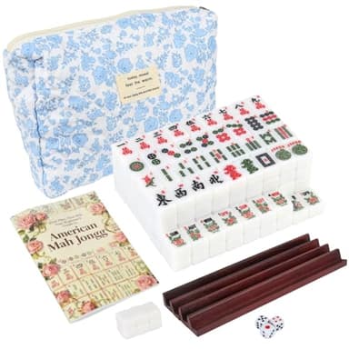 AurAlchemy Travel American Mahjong Tile Set | 166 PCS 0.8 Inch Mini Mahjong Game Tiles, 4 Wooden Racks, Floral Storage Bag, 3 Dice & Beginner's Guide, Complete Portable Set