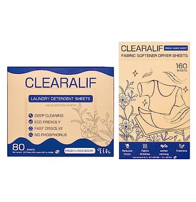 Clearalif All in One Laundry Detergent Sheets Kit, Fresh Linen Scent, 160 Loads Laundry Sheets + 160 Drying Sheets, Laundry Set Great for Travel, Softener Sheets Eco Package Friendly & Hypoallergenic