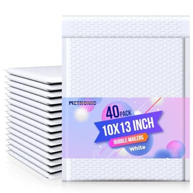 Metronic Bubble Mailer 10x13" White 40 Pack, Poly Padded Envelopes Waterproof Shipping Bags for Clothing, Self Seal Cushioning Mailers for Shipping Books, Jewelry, Makeup Supplies
