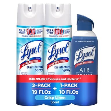 Lysol Bundle containing x2 Lysol Disinfectant Spray for Hard and Soft Surfaces, Crisp Linen, 19 Fl. Oz + Lysol Air Sanitizer Spray, For Air Sanitization and Odor Elimination, White Linen, 10 Fl. Oz