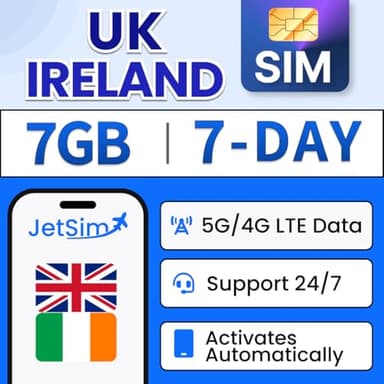 JetSim International Sim Card - UK Sim Card for Travel with Unlimited Data Includes 7GB High-Speed, 7 Days - Perfect for Travellers, Students, Foreign Workers, Short & Long Term Stay in Europe