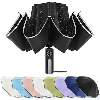 Bodyguard Large Windproof Inverted Umbrellas for Rain & Sun - Travel Folding Compact UPF 50+ Automatic Umbrella with Reflective Stripe, UV Protection For Walking, Black-46IN