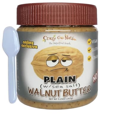 Crazy Go Nuts Walnut Butter Plain with Sea Salt - Walnut Spread, Keto, Vegan, Low Carb, Gluten Free Superfood, Non-GMO, ALA, Omega 3 Fatty Acids, Good Fats & Antioxidants - 9.25 Oz with Taster Spoon