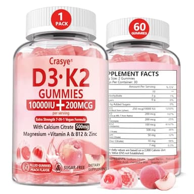 Crasye Vitamin D3 K2 Gummies 10000 IU with 500mg Calcium Magnesium Zinc Gummy Sugar Free ADK+Vitamin B12 Supplements for Women and Men Bones, Muscles, Teeth Peach Flavor - 60 Gummies - 30 Servings