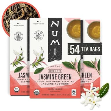 Numi Organic Green Tea with Jasmine, 54 Green Tea Bags Scented with Real Jasmine Flowers, Micro-Plastic Free Compostable Bags