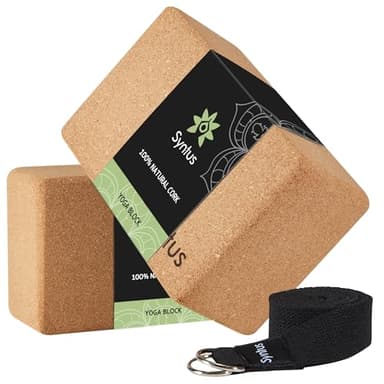 Syntus Cork Yoga Blocks and Strap Set, 2 Natural Cork Soft Non-Slip Blocks 9×6×4 inches, 8FT Metal D-Ring Strap for Yoga, General Fitness, Pilates, Stretching and Toning