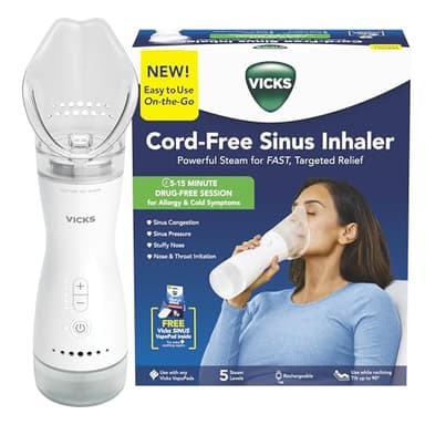 Vicks Portable Cordless Sinus Inhaler Handheld Steam Inhaler for Sinus Pressure & Allergy Relief, Nonâ€‘Medicated Steam, Rechargeable Battery, 5 Adjustable Settings, Compatible with Vicks VapoPads