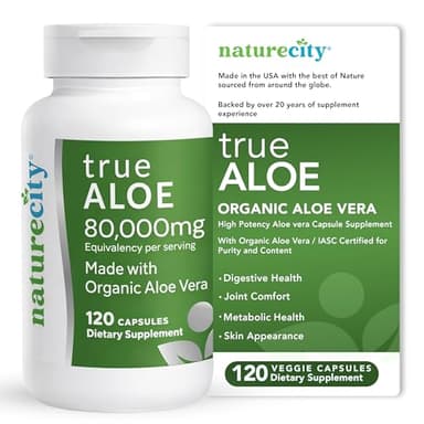 NatureCity True-Aloe Gut Health Support – 80,000mg Aloe Vera Gel Equivalent Per Serving – Organic Aloe Vera (120 Capsules) for Digestive, Skin & Joint Support | Small Easy-to-Swallow Pills