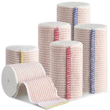 6 Pack Premium Elastic Bandage Wrap, Compression Wrap Bandage for Legs, Self-Closing Elastic Bandage Wrap - Hook & Loop Fasteners at Both Ends - Latex Free - Washable & Reusable (2x2", 2x3", 2x4")